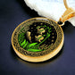An Elegant gold pendant Celtic Lily Of The Valley Necklace featuring Green Grass, gold Mountains, Stars,  Lily Of The Valleys, Celtic Knot Frame with a black backdrop. This jewelry offers personalized engraving option for a name.