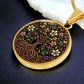 An elegant gold pendant Honeysuckle Celtic Tree of Life Necklace. The Colors are yellow, white, pink, purple, green, brown and black. This jewelry offers personalization with an engraving option for a name.