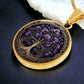 an elegant gold pendant Larkspur Tree of Life Necklace. The Colors are purple, green and brown. This jewelry offers personalization with an engraving option for a name.