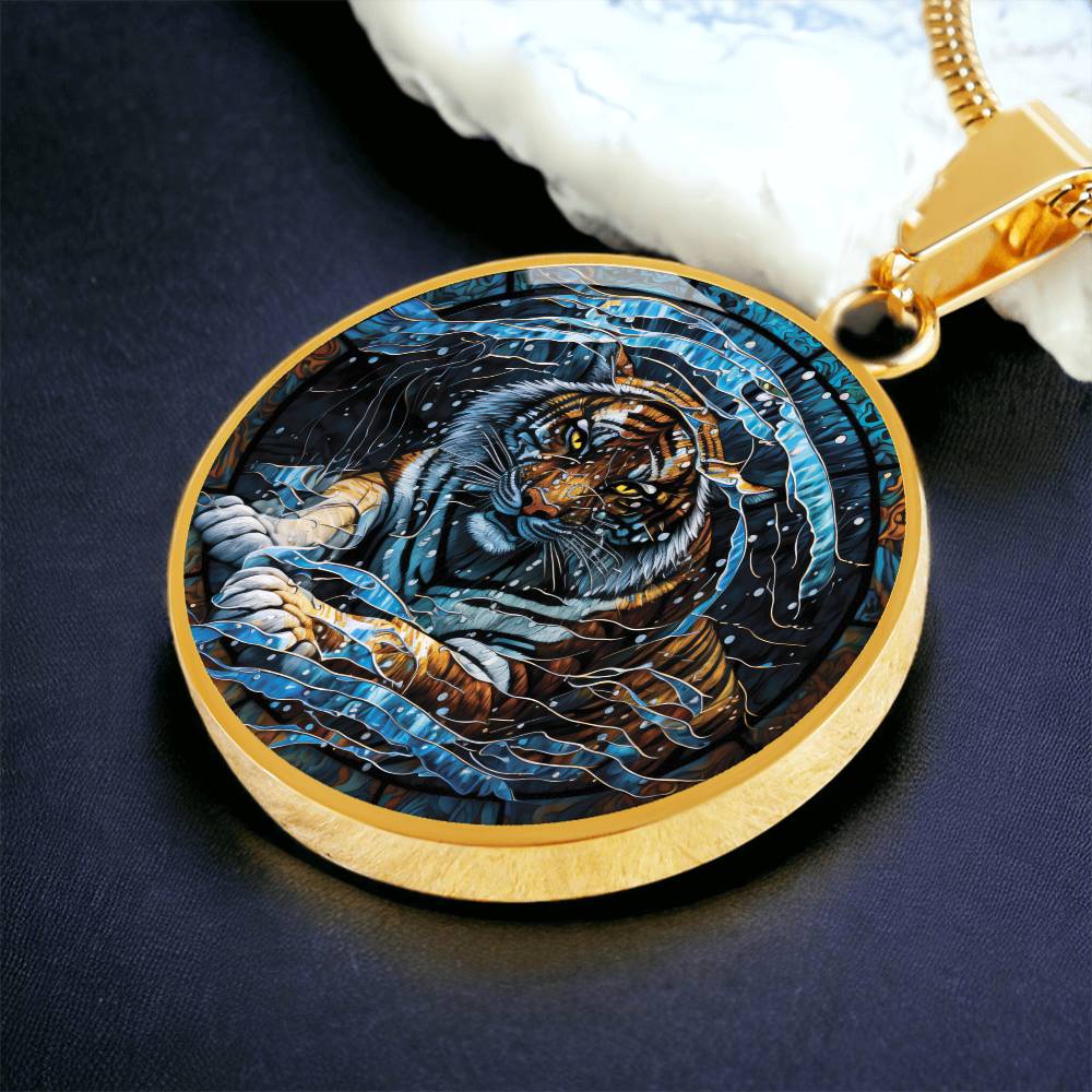 An elegant gold pendant Chinese Zodiac Tiger Necklace. The colors are blue, black, orange, white and yellow. This jewelry offers personalization with an engraving option for a name.