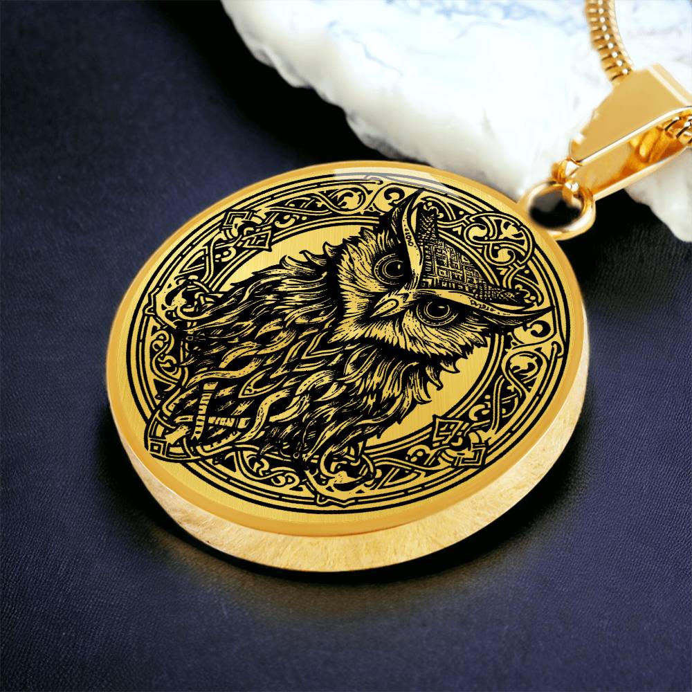 an Elegant gold pendant Celtic Owl necklace featuring a vivid Celtic black owl inside a circle frame with a gold backdrop. This jewelry offers personalization with an engraving option for a name.