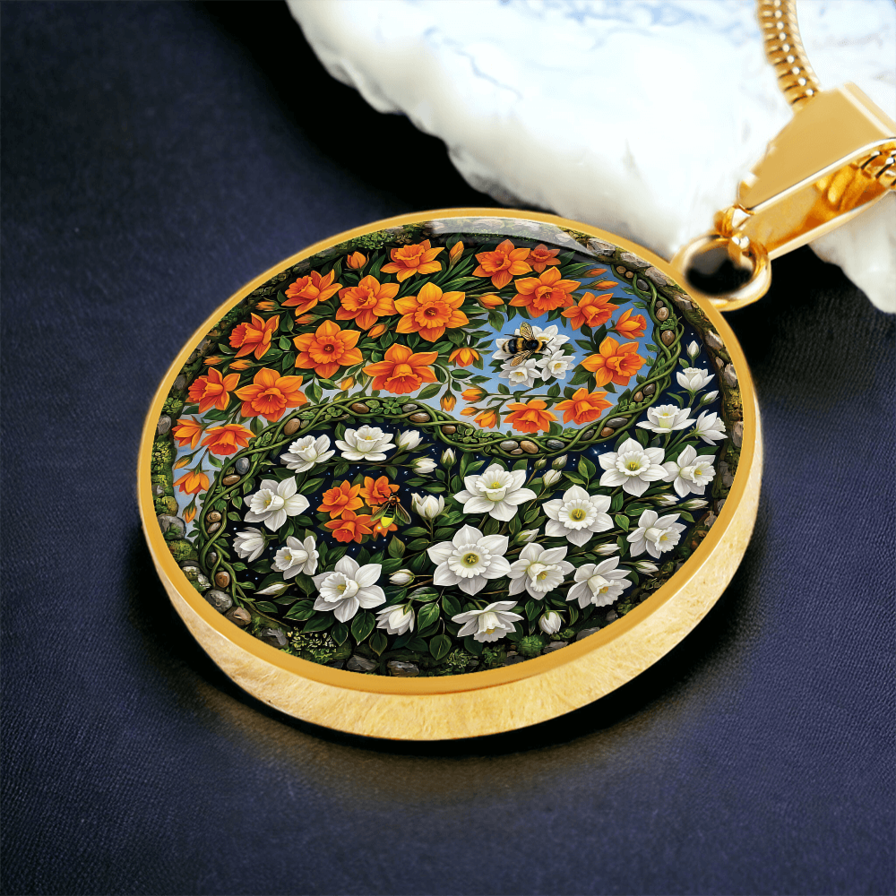 Daffodil Yin Yang Necklace - March Birth Month Flower Pendant Jewelry