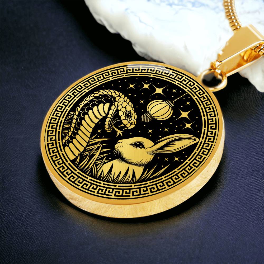 An Elegant gold pendant featuring a Year of the Rabbit and Year of The Snake Necklace in real gold and black. This jewelry offers personalization with an engraving option for a name.