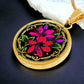 Elegant gold pendant featuring a vivid red, Pink & Purple honeysuckles, Junes birth month flower, set against a black backdrop with the metal shinning through. This necklace offers personalization with an engraving option for a name