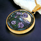 Gold Pendant Purple Morning Glory necklace, With green grass, a Yellow sky and purple mountains, Blue Lake, Muti Colored Border. This necklace offers personalization option for a name.