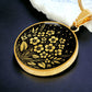 an Elegant gold pendant featuring a vivid African Violet Birth Flower Necklace, set against a subtle gold and Black backdrop. This jewelry offers personalization with an engraving option for a name.
