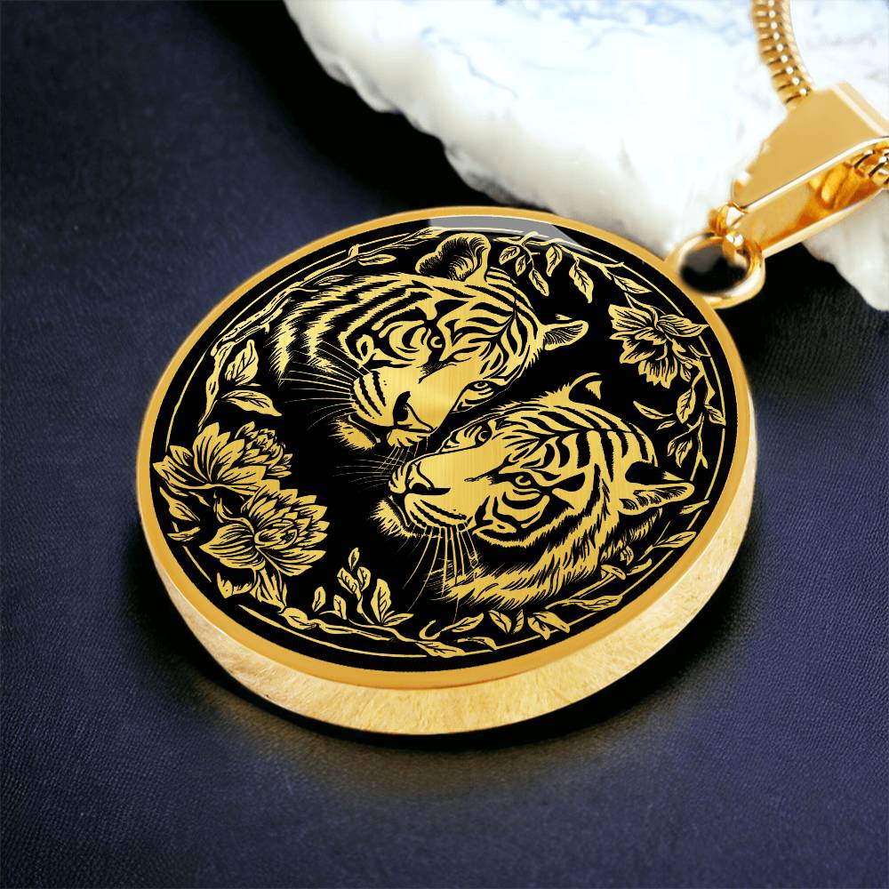 An elegant gold pendant Year of the Tiger Necklace. The colors are gold and black. This jewelry offers personalization with an engraving option for a name.