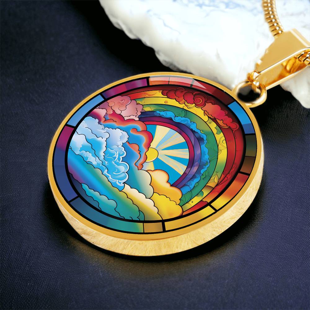 an elegant gold pendant Lucky Rainbow Necklace. The colors are all the colors of the rainbow. This jewelry offers personalization with an engraving option for a name.