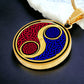 Elegant gold pendant featuring a vivid Fire red & Water blue Celtic Yin Yang Necklace set against a Gold & Black backdrop. This jewelry offers personalization with an engraving option for a name.