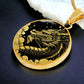an Elegant gold pendant Chinese Dragon necklace featuring a vivid gold dragon with stars and clouds set against a black backdrop. This jewelry offers personalization with an engraving option for a name.