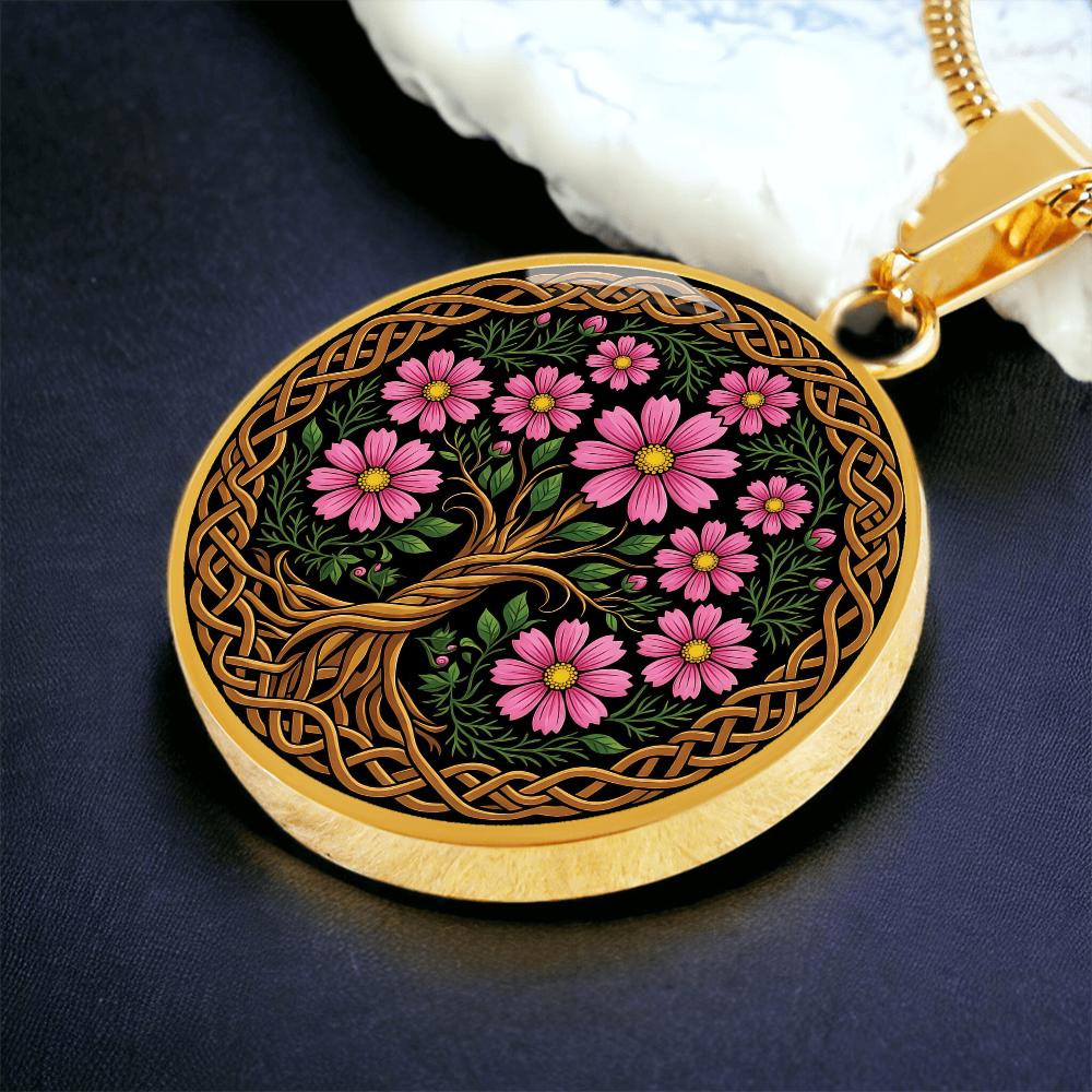 Celtic Tree of Life Pendant Necklace - Cosmos October Birth Flower Jewelry