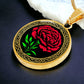 An elegant Celtic gold pendant January Birth Flower Carnation necklace. A vivid red carnation, green stem & leaves, set against a gold & black backdrop. This jewelry offers personalization with an engraving option for a name.