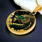an Elegant gold pendant Chinese Dragon necklace featuring a vivid Jade dragon with stars and clouds set against a black backdrop. This jewelry offers personalization with an engraving option for a name.