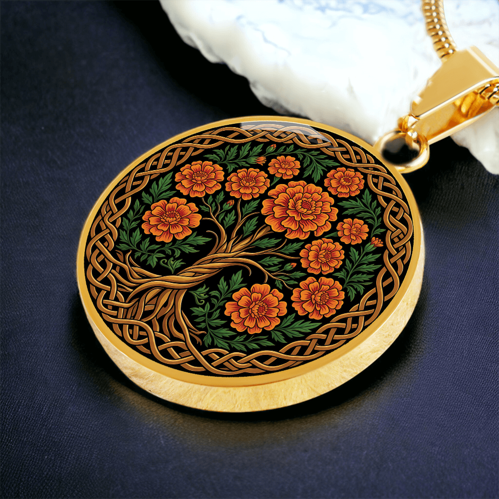Celtic Tree of Life Pendant Necklace - Marigold October Birth Flower Jewelry