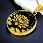 An Elegant gold pendant Water Lily Necklace featuring Stars, Lily Pads and a Water lily, all in black and gold. This jewelry offers personalization with an engraving option for a name.