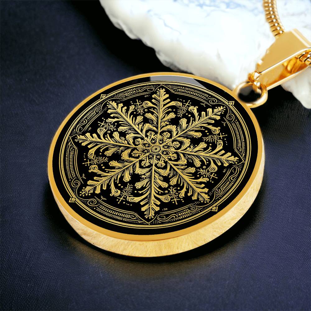 Elegant gold pendant necklace featuring a vivid Gold Snowflake , set against a Black backdrop. This necklace offers personalization with an engraving option for a name.