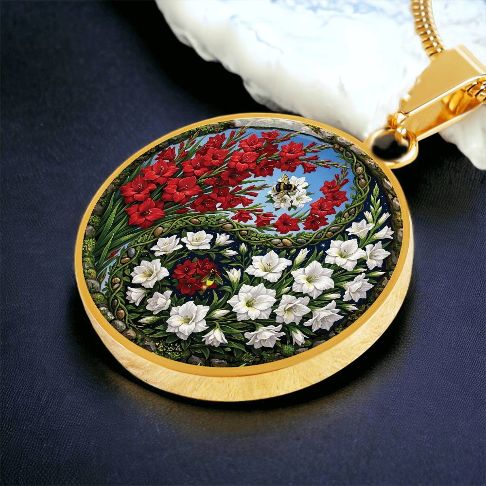 Gladiolus Yin Yang Necklace - August Birth Month Flower Pendant Jewelry