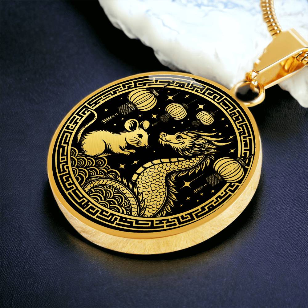 An Elegant gold pendant featuring a Year of the Rat and Year of The Dragon Necklace in gold and black. This jewelry offers personalization with an engraving option for a name.