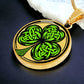 Elegant gold pendant necklace featuring a vivid Green Celtic Clover set against a Gold & black backdrop. This necklace offers personalization with an engraving option for a name.