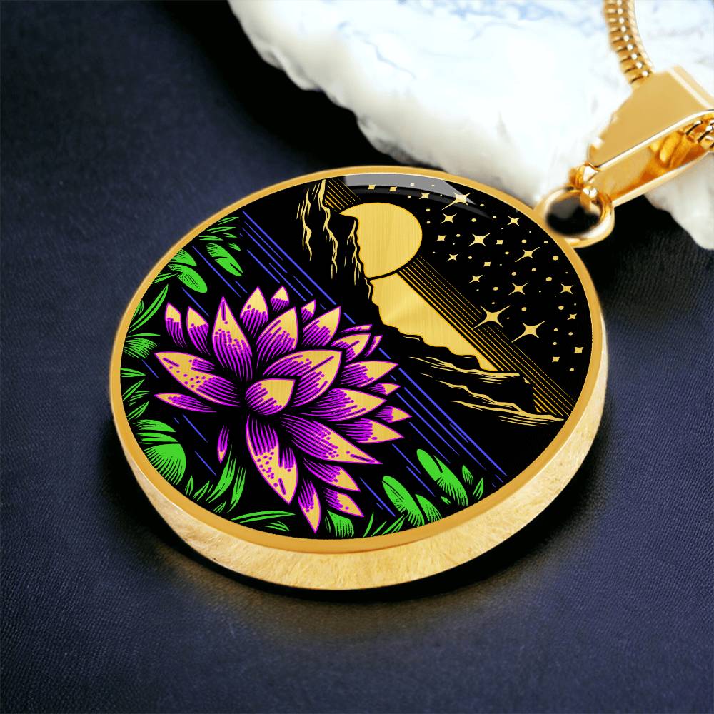 An Elegant gold pendant Water Lily Necklace featuring Mountains, Stars, Yellow outline Sun, Green grass Lily Pads, Blue Water, Pink lily, black and gold Background. This jewelry offers personalization engraving option for a name.