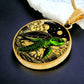 an Elegant gold pendant featuring a vivid Green Turtle Necklace with a moon, Stars, Clouds and Ocean set against a black backdrop. This jewelry offers personalization with an engraving option for a name.