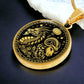 An Elegant gold pendant featuring a Year of the Ram/Sheep and Year of The Dragon Necklace in silver and black. This jewelry offers personalization with an engraving option for a name.