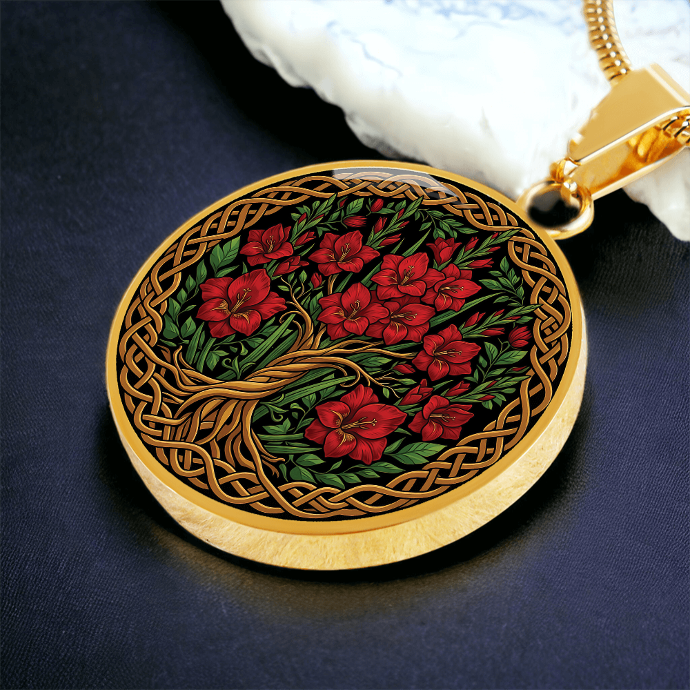 Celtic Tree of Life Pendant Necklace - Gladiolus August Birth Flower Jewelry