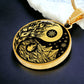 An Elegant gold pendant featuring a vivid Gold Fire, Water, snowflakes and Icebergs. set against a Black backdrop. This jewelry offers personalization with an engraving option for a name.