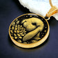 an Elegant gold pendant Water Lily Bunny necklace. Colors are gold with a black background. This jewelry offers personalization with an engraving option for a name.