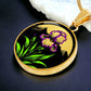 Februarys birth month flower Elegant gold pendant featuring a vivid Purple Iris Necklace set against a Green Grass, Gold sun and mountains background. This necklace offers personalization option for a name.