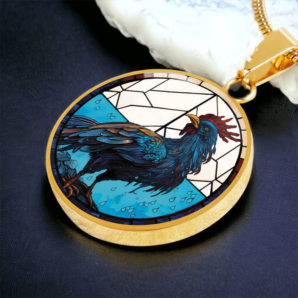 An Elegant gold pendant featuring a Chinese Zodiac Rooster Necklace. The colors are blue, white, tan, red, yellow, brown. This jewelry offers personalization with an engraving option for a name.