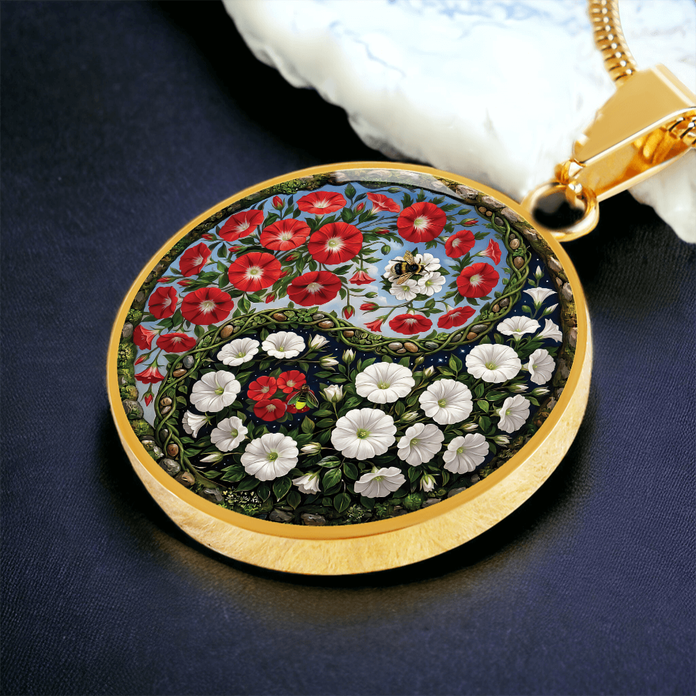 Red and White Morning Glory Yin Yang Necklace - September Birth Month Flower Pendant Jewelry