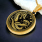 An Elegant gold pendant featuring a Year of the Snake and Year of The Dragon Necklace in gold and black. This jewelry offers personalization with an engraving option for a name.