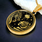 An Elegant gold pendant featuring a Year of the Tiger and Year of The Dragon Necklace in gold and black. This jewelry offers personalization with an engraving option for a name.