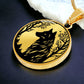 an Elegant gold pendant wolf necklace featuring a vivid Black Wolf in the forest, set against a Gold backdrop. This jewelry offers personalization with an engraving option for a name.