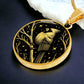 An Elegant gold pendant featuring a vivid gold Northern Cardinal Necklace with Stars and a tree Branch all in a gold and black backdrop. This jewelry offers personalization with an engraving option for a name.
