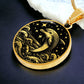 an Elegant gold pendant featuring a vivid gold Dolphin Necklace with a Stars and Ocean Waves set against a gold and black backdrop. This jewelry offers personalization with an engraving option for a name.