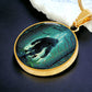 an Elegant gold pendant Bigfoot Necklace. Colors are Green, Brown, Black, Blue and White. This jewelry offers personalization with an engraving option for a name.
