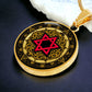 An Elegant gold pendant featuring a Vintage Design with a vivid Red Star of David Necklace, set against a gold and black backdrop. This jewelry offers personalization with an engraving option for a name.