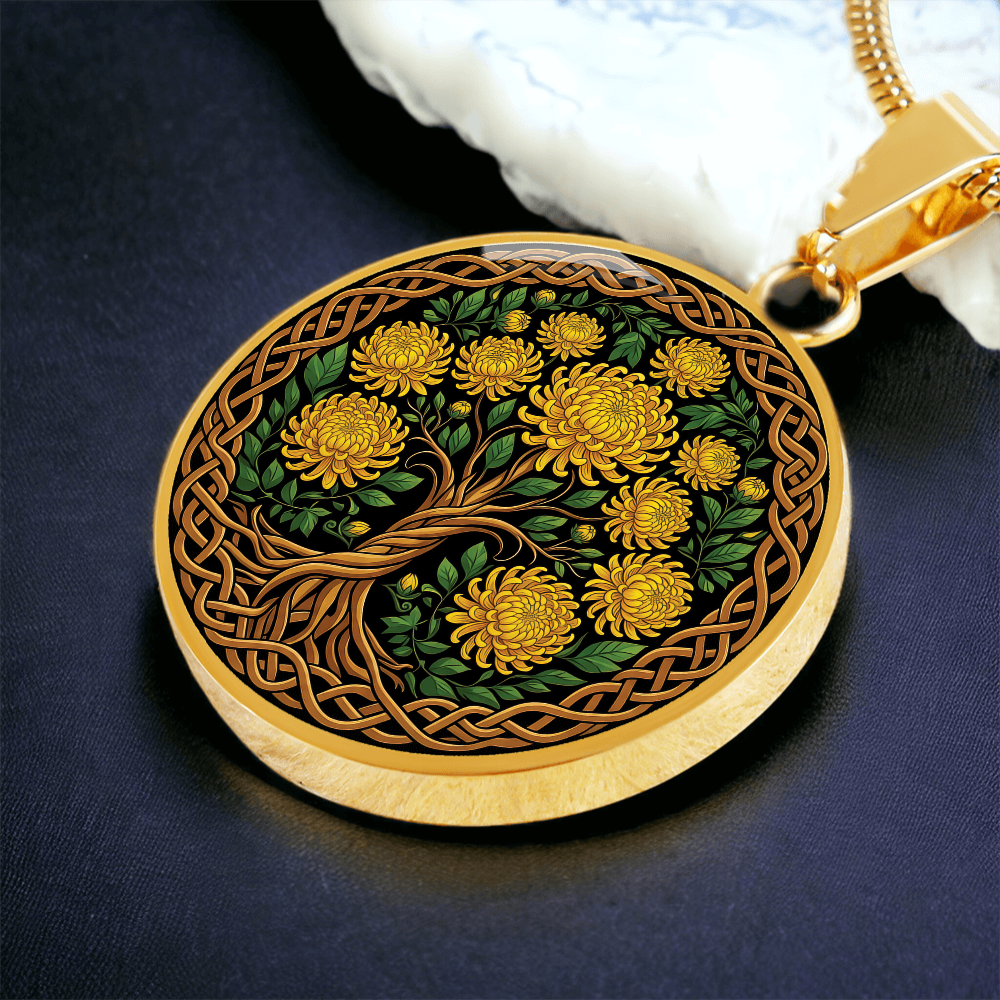 Celtic Tree of Life Pendant Necklace - Chrysanthemum November Birth Flower Jewelry