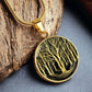 An Elegant gold pendant featuring a vivid gold Birch Tree Necklace, set against a Black backdrop. This jewelry offers personalization with an engraving option for a name.