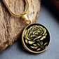 an Elegant January gold pendant Carnation Birth Flower necklace featuring a vivid gold flower, set against a black backdrop. This jewelry offers personalization with an engraving option for a name.