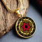 An Elegant gold pendant featuring a Vintage Design with a vivid Red Star of David Necklace, set against a gold and black backdrop. This jewelry offers personalization with an engraving option for a name.