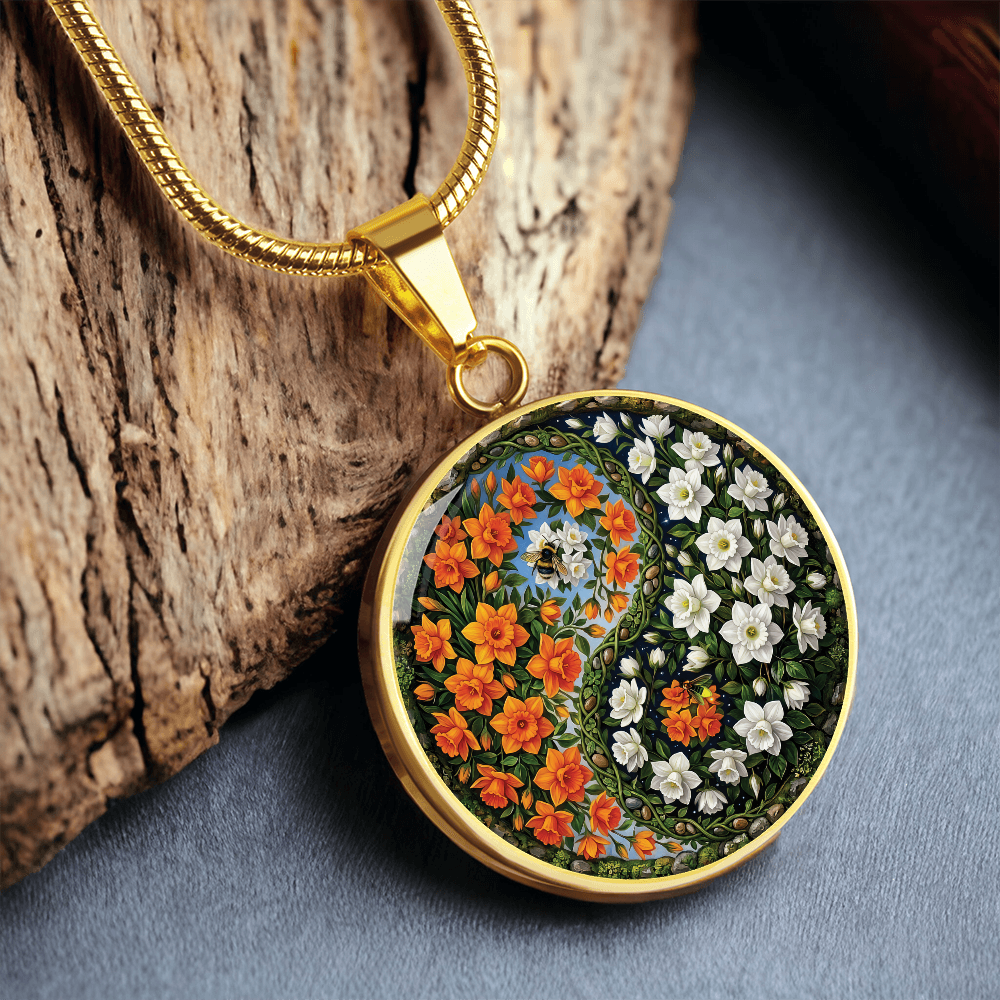 Daffodil Yin Yang Necklace - March Birth Month Flower Pendant Jewelry