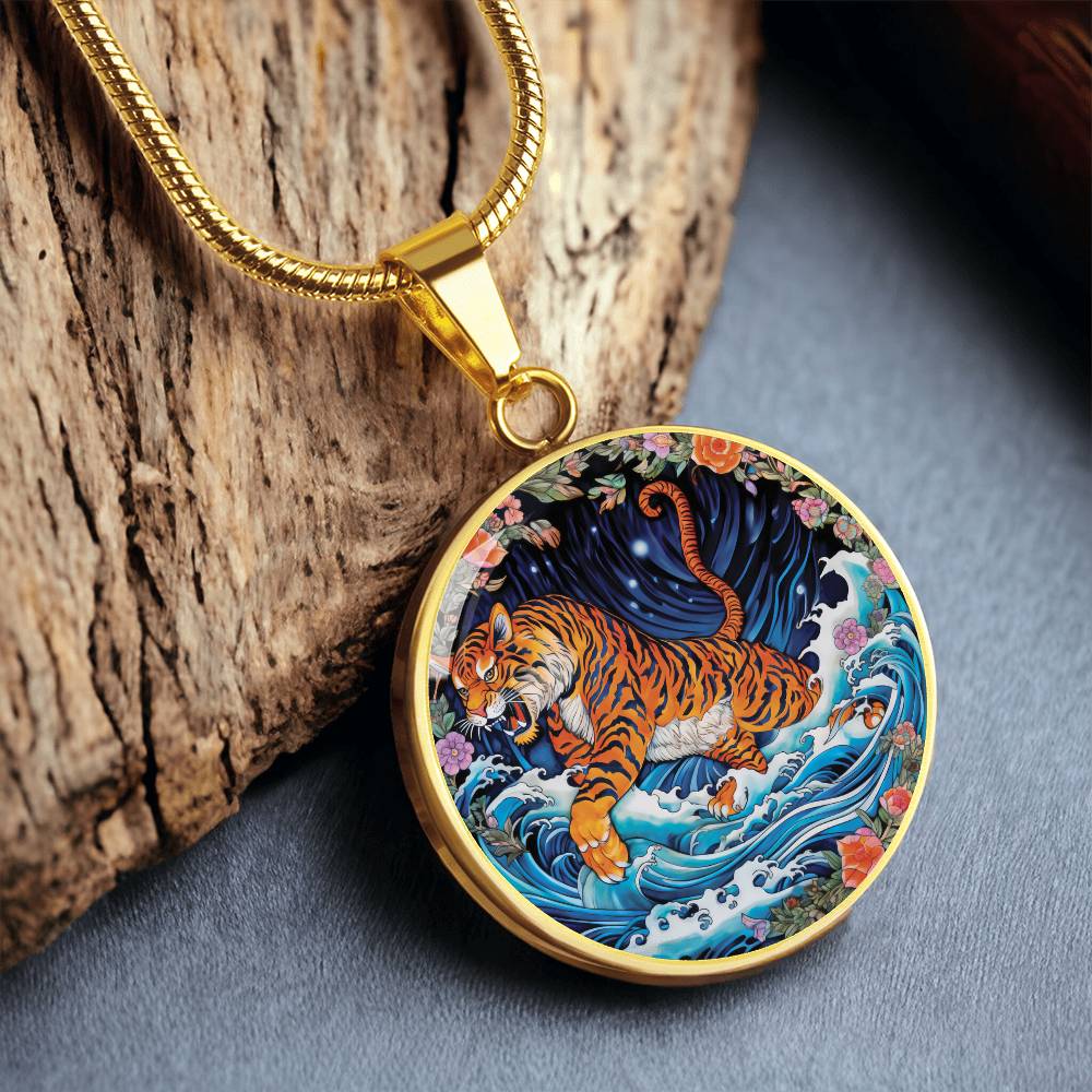 An elegant gold pendant Chinese Zodiac Tiger Necklace. The colors are blue, black, green, orange, white, pink, purple and red. This jewelry offers personalization with an engraving option for a name.