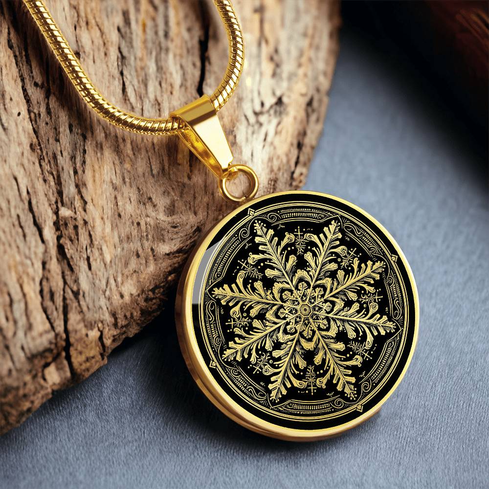 Elegant gold pendant necklace featuring a vivid Gold Snowflake , set against a Black backdrop. This necklace offers personalization with an engraving option for a name.