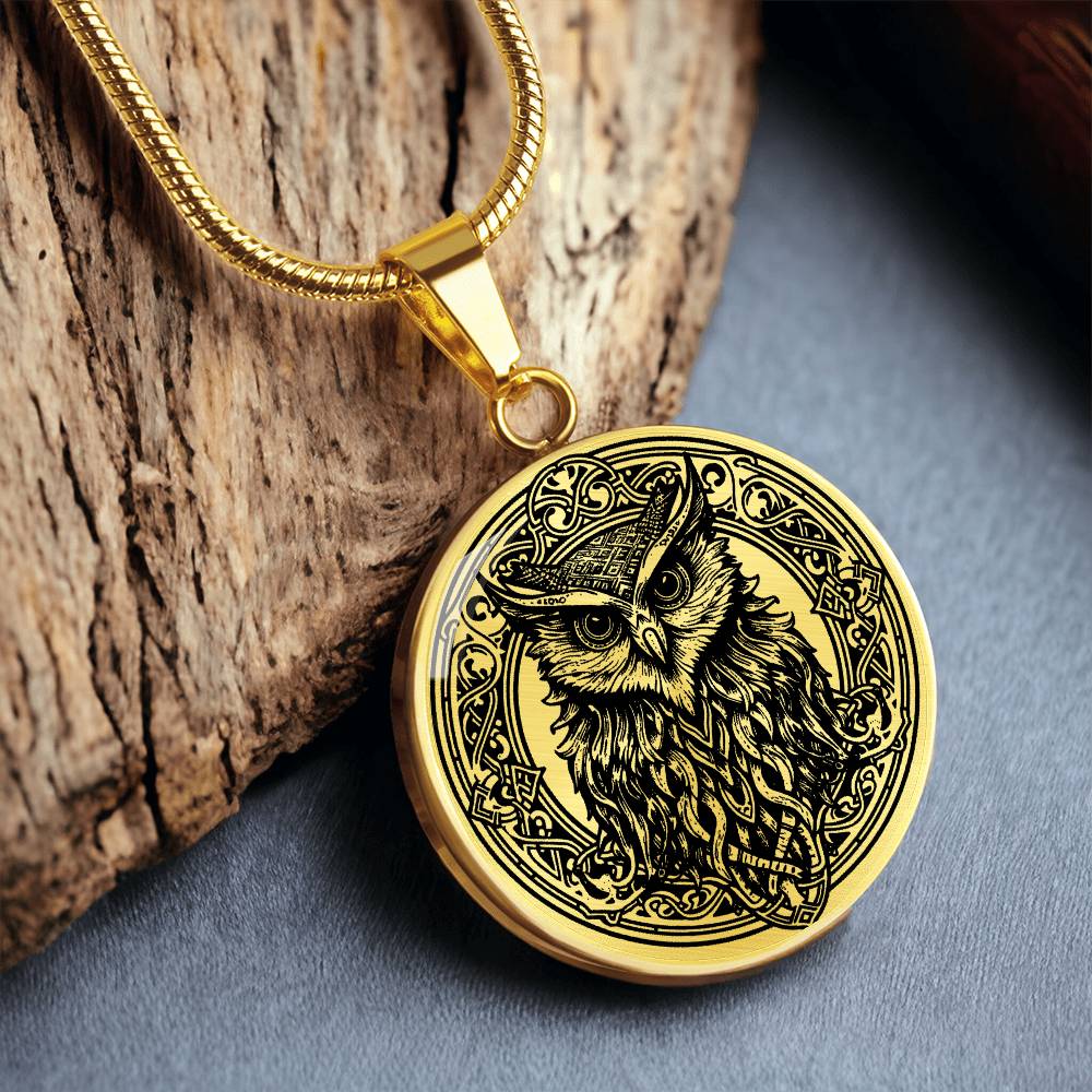 an Elegant gold pendant Celtic Owl necklace featuring a vivid Celtic black owl inside a circle frame with a gold backdrop. This jewelry offers personalization with an engraving option for a name.