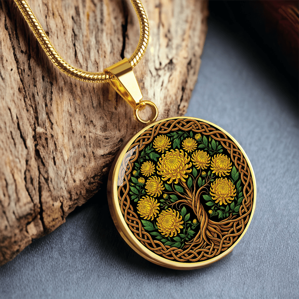 Celtic Tree of Life Pendant Necklace - Chrysanthemum November Birth Flower Jewelry