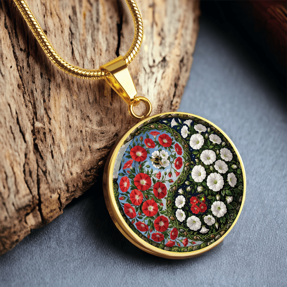 Red and White Morning Glory Yin Yang Necklace - September Birth Month Flower Pendant Jewelry