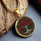 an elegant gold pendant Rose Tree of Life Necklace. The Colors are red, green, white and black. This jewelry offers personalization with an engraving option for a name.